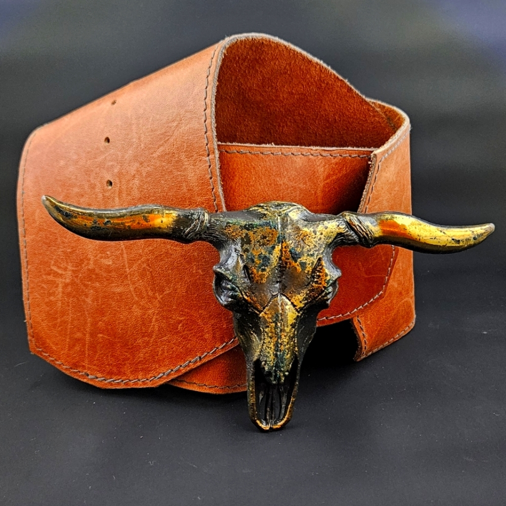 Vintage Cow Skull Leather Belt 33in